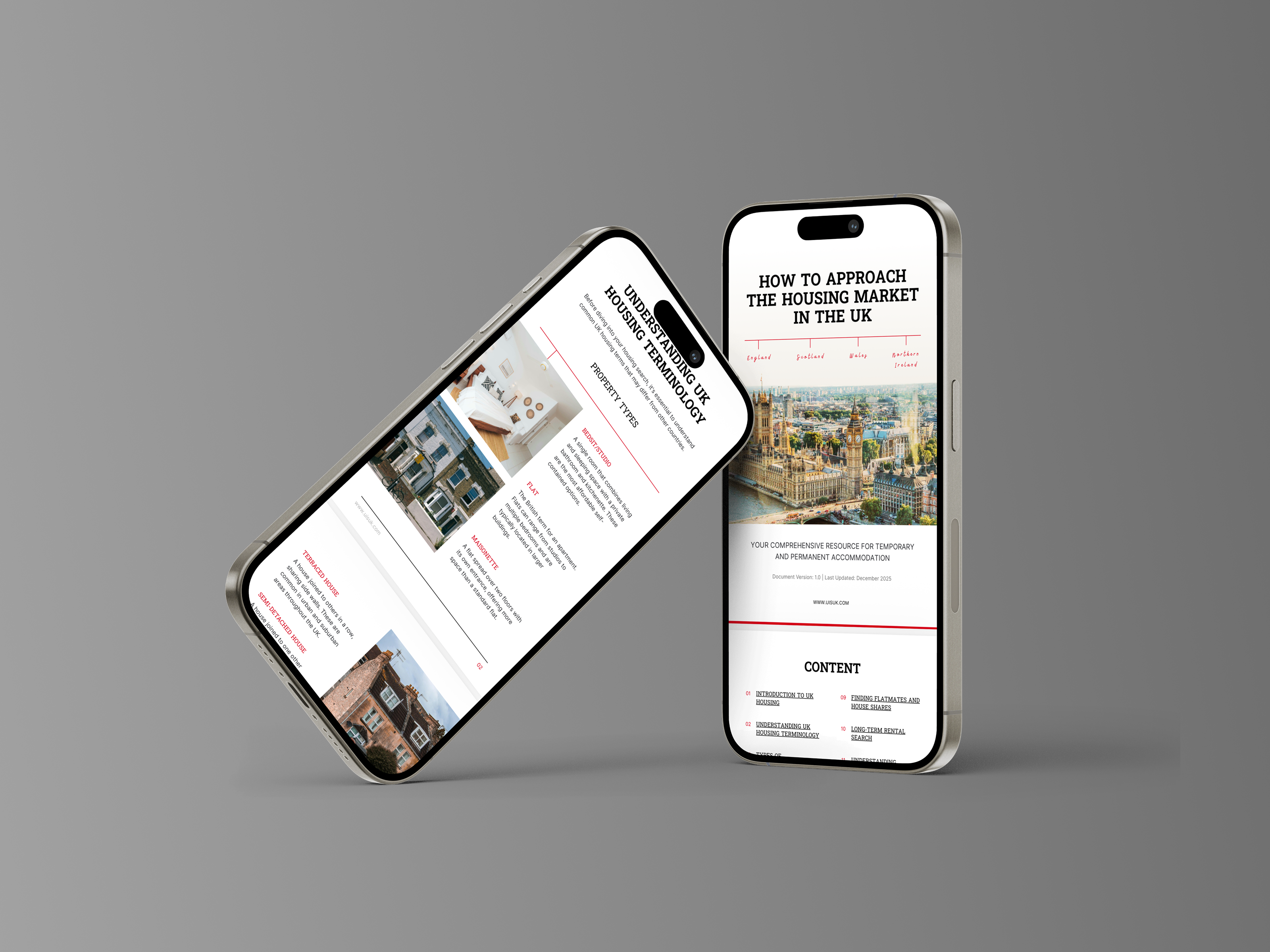 UIS UK housing guide displayed on mobile phones.