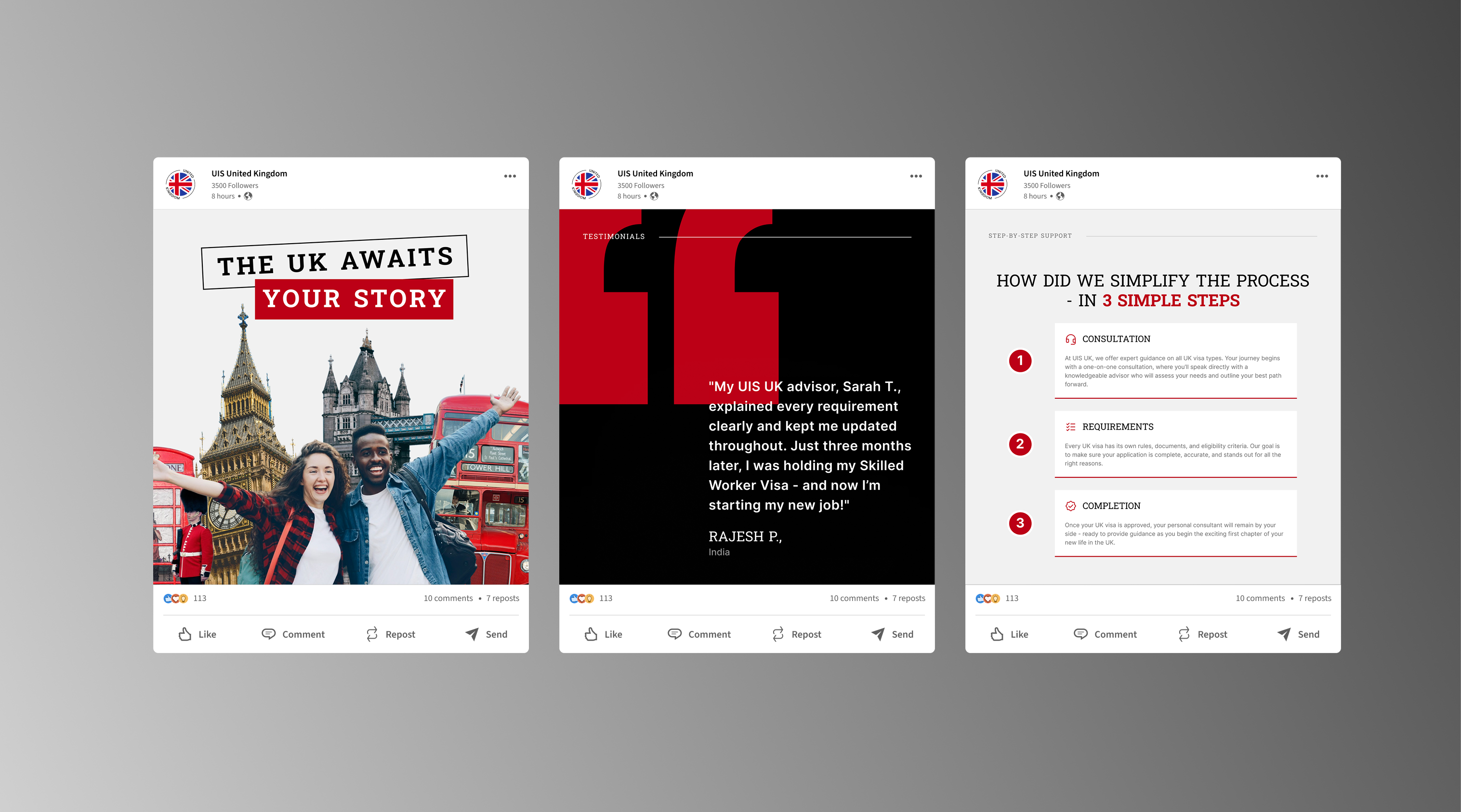 UIS UK social media designs promoting immigration opportunities, client testimonials, and a three-step process.
