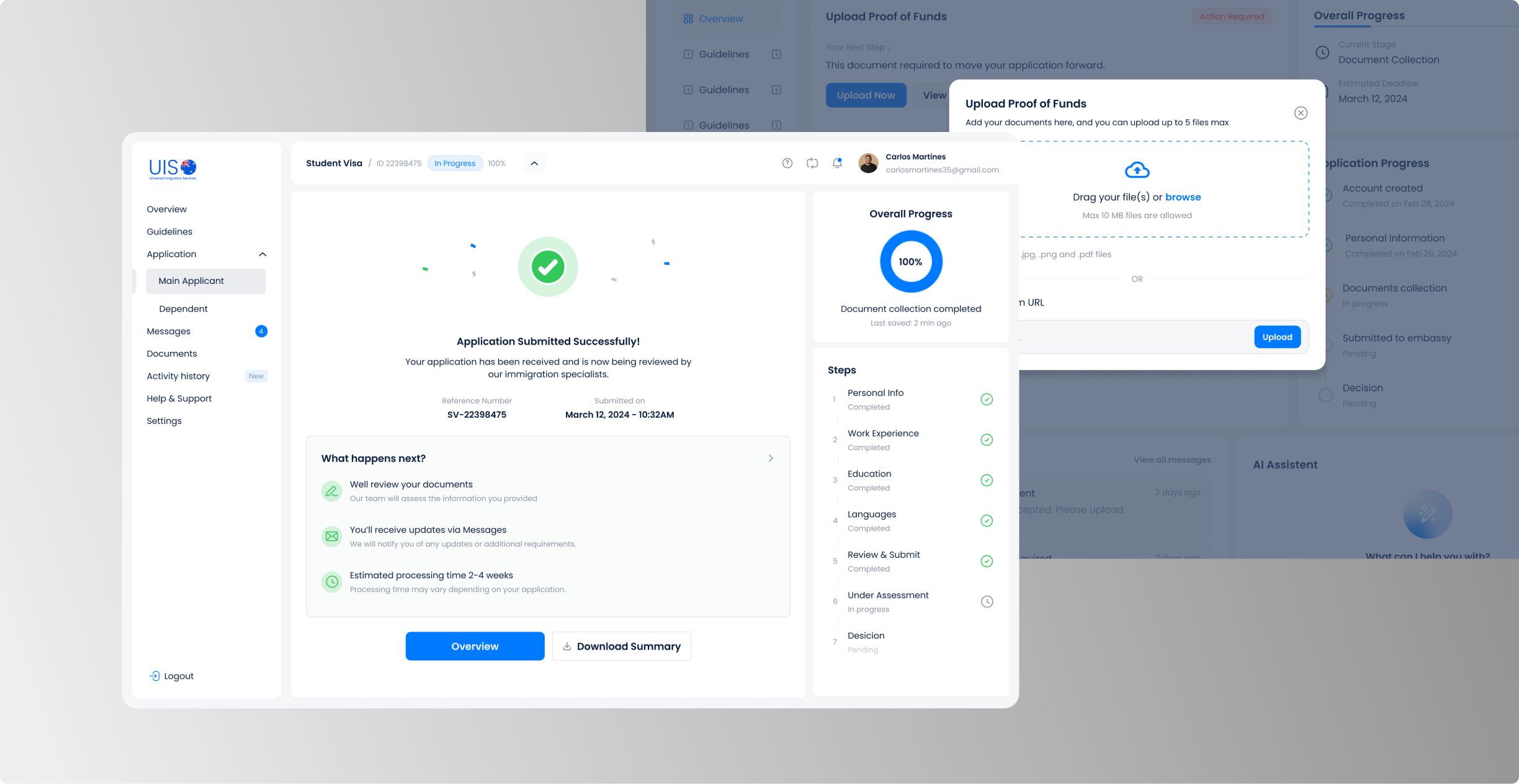 Application screens showing a submission confirmation and a supporting modal window