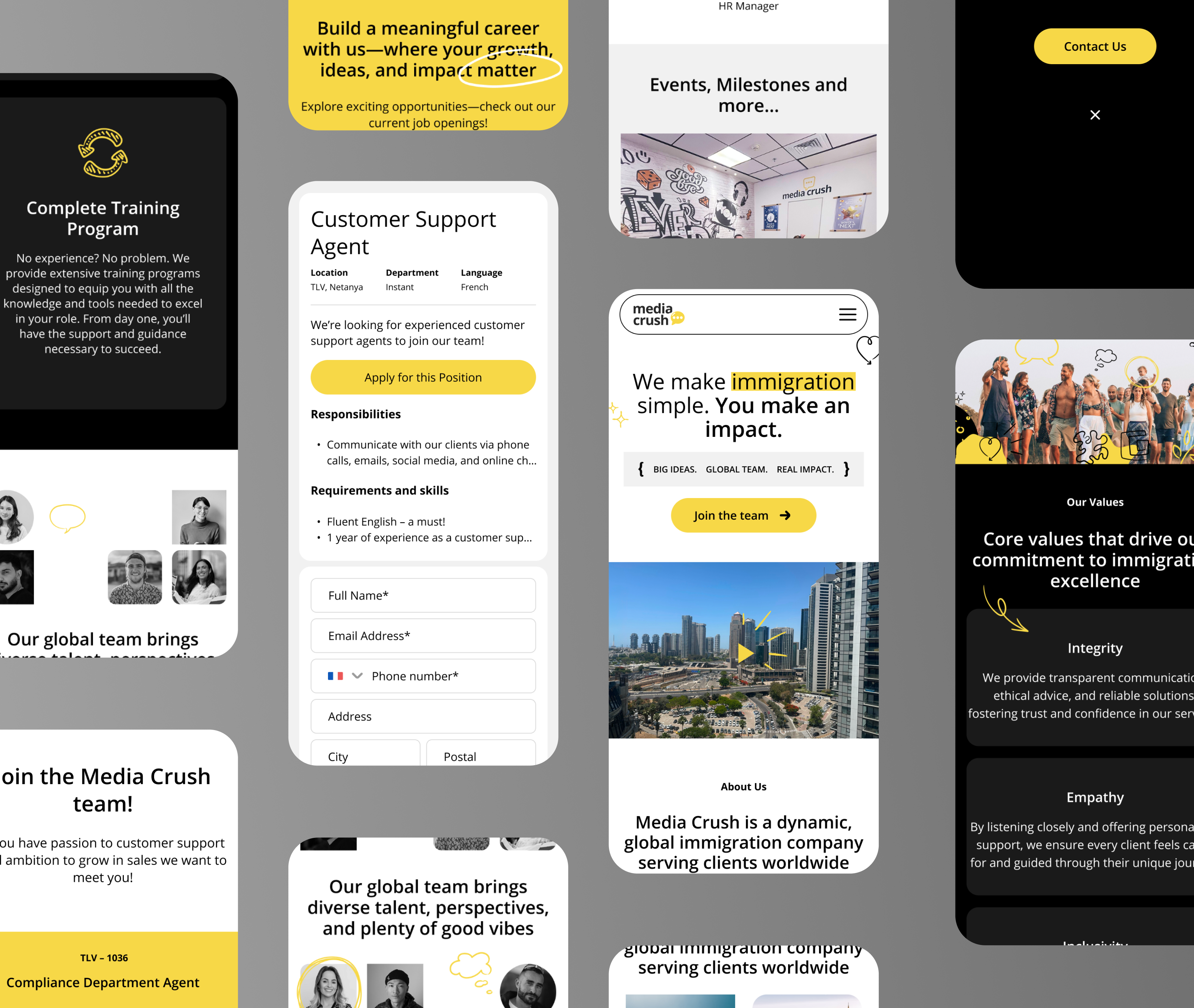 Grid of mobile mockups shoing different screens of Media Crush website project