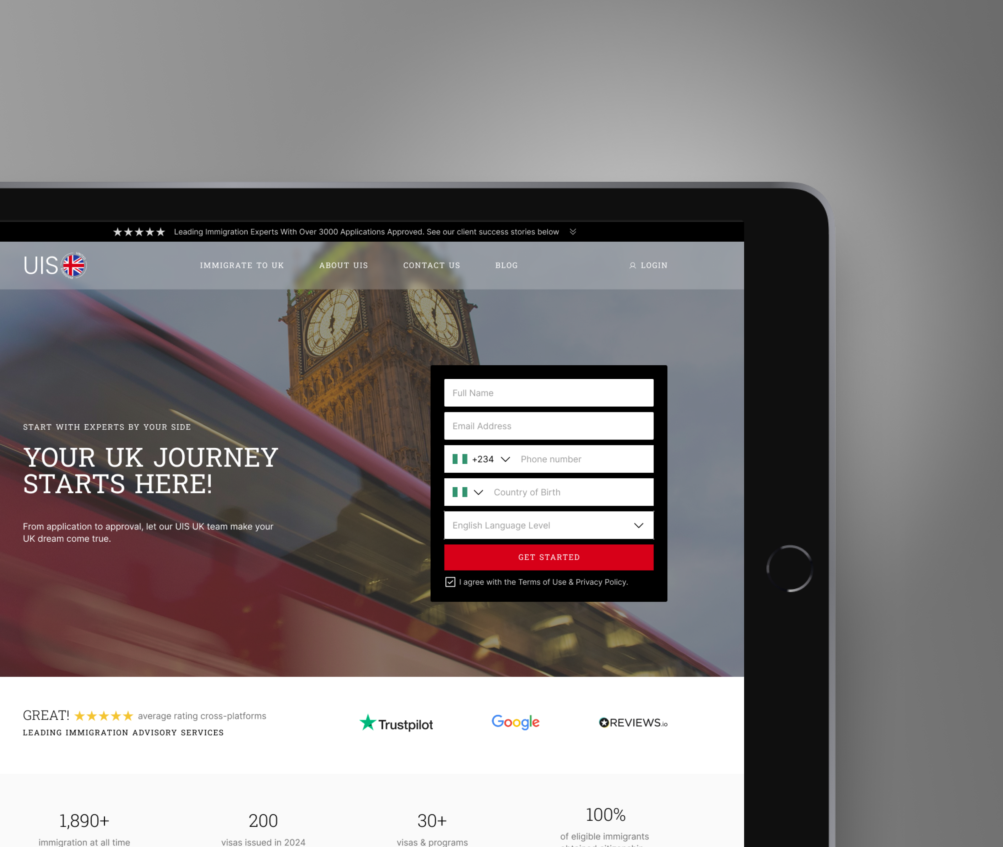UIS UK website shown across desktop, tablet, and mobile screens, including the homepage and blog