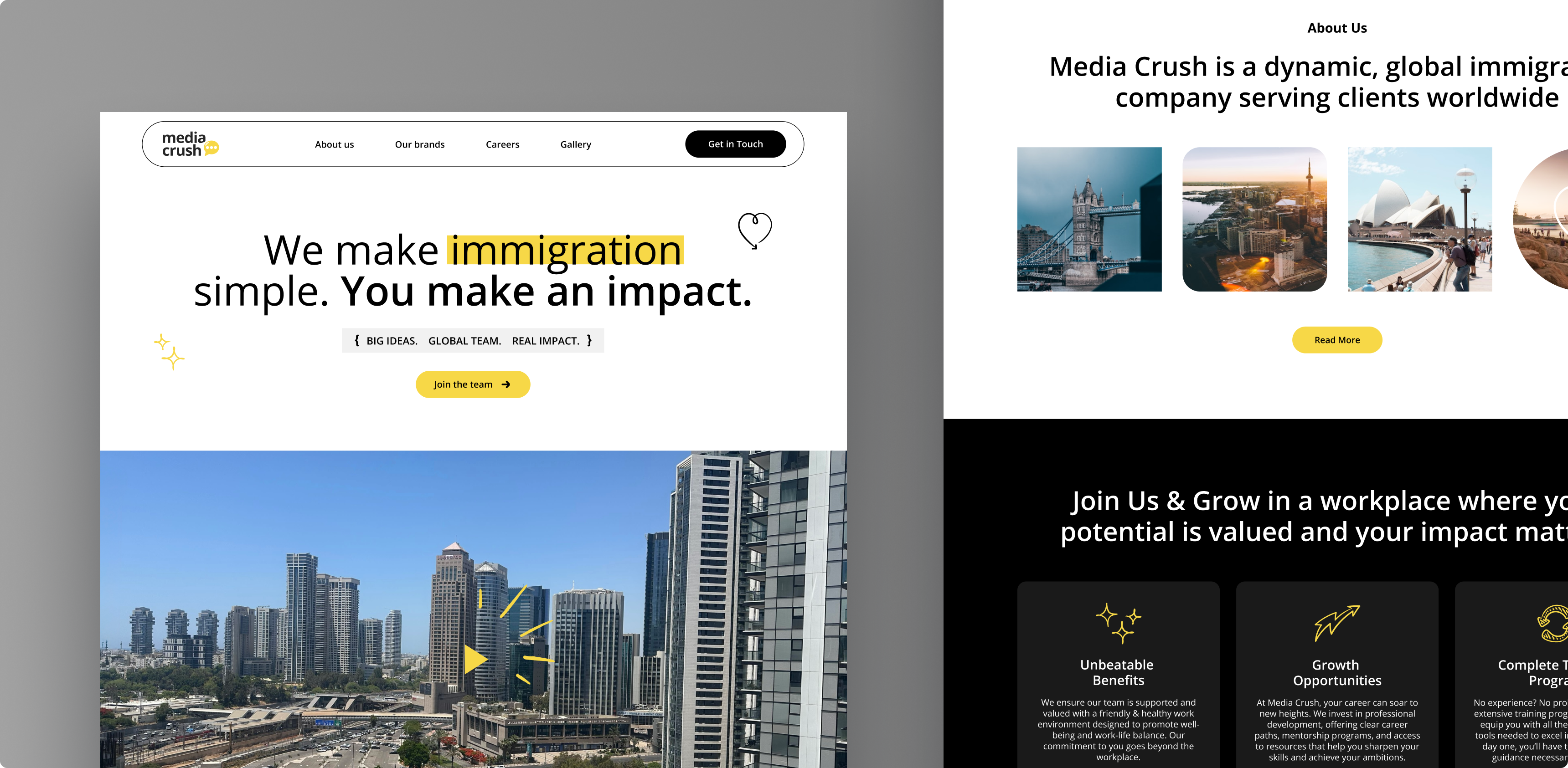 Media Crush careers website showcasing the homepage, global presence, and about company.