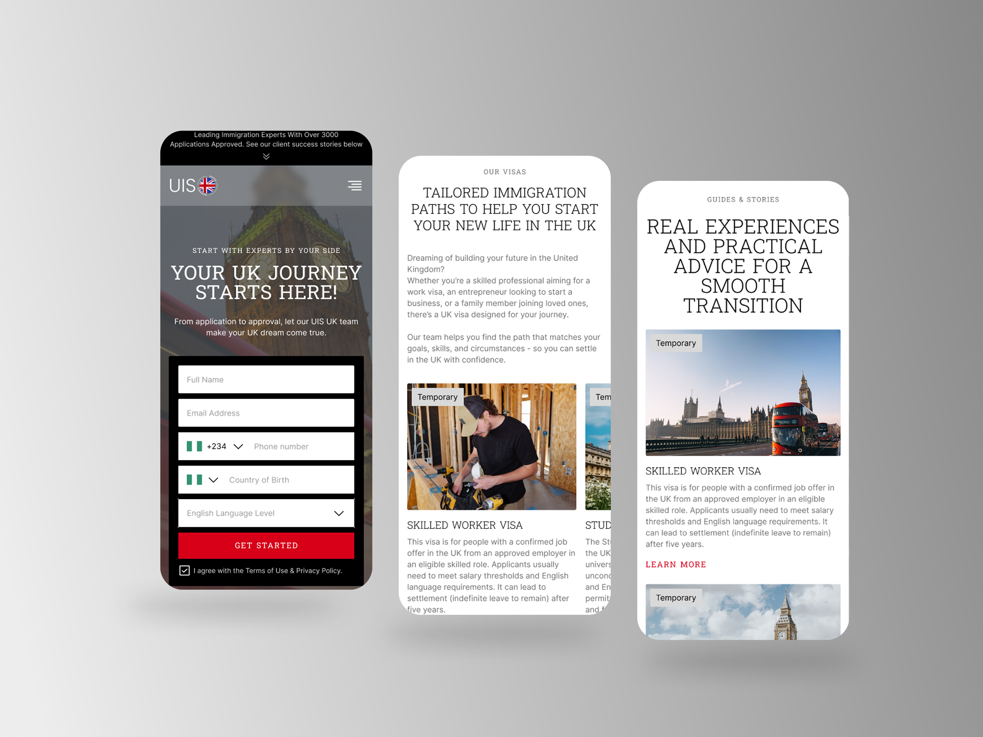 Three mobile screens of UIS UK website