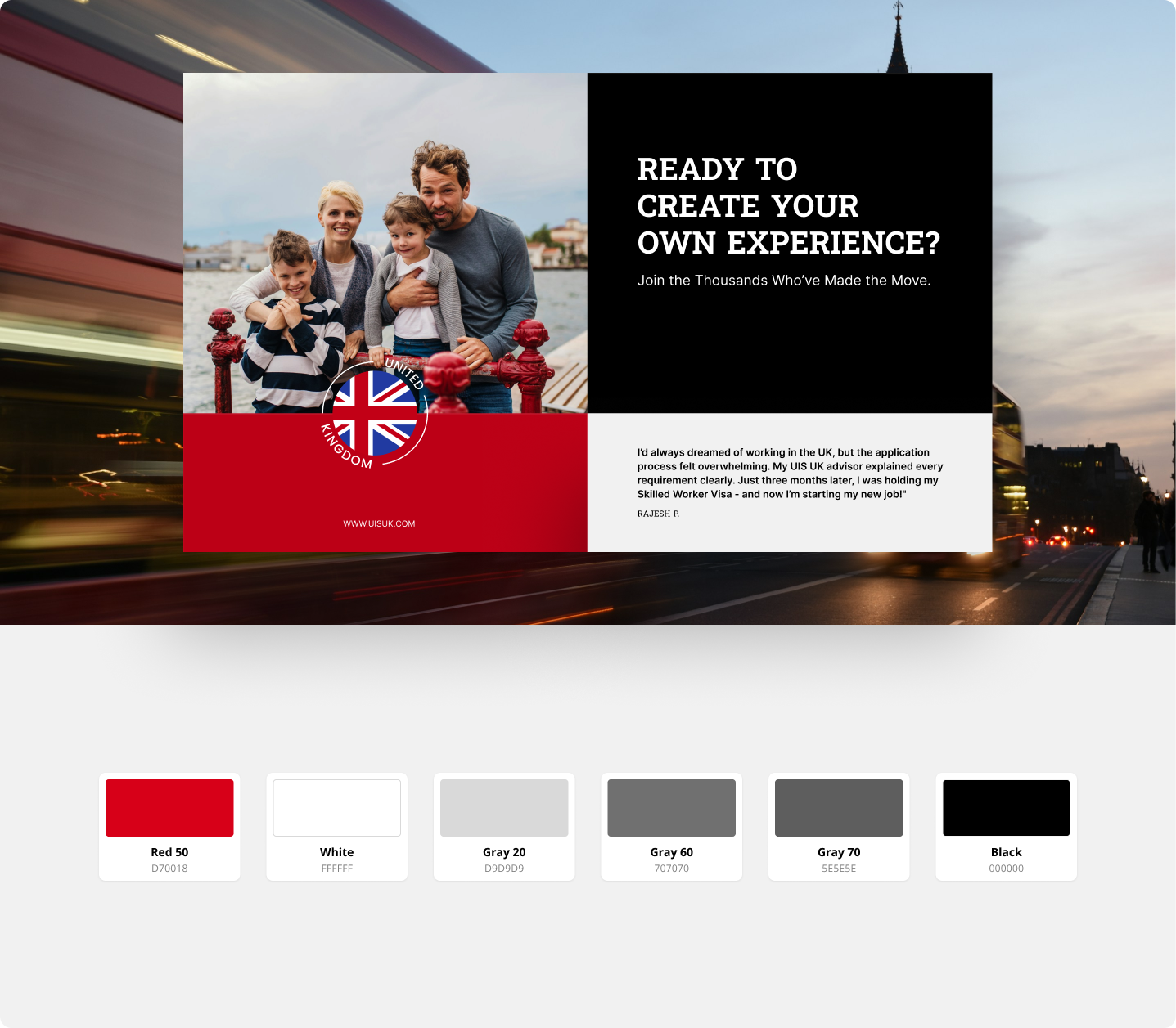 UIS UK brand identity featuring promotional material and colour palette