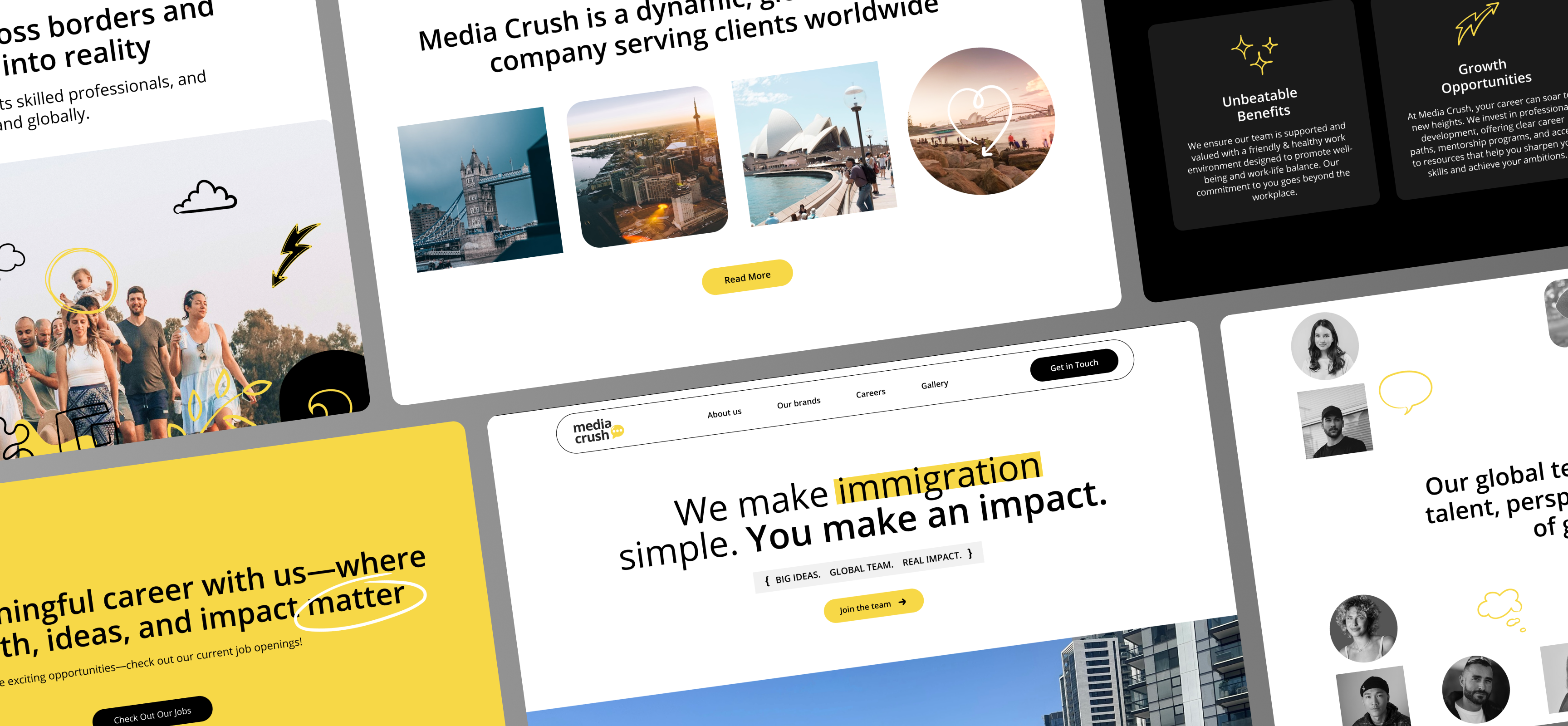 Media Crush careers website showcasing the homepage, global presence, and about company.