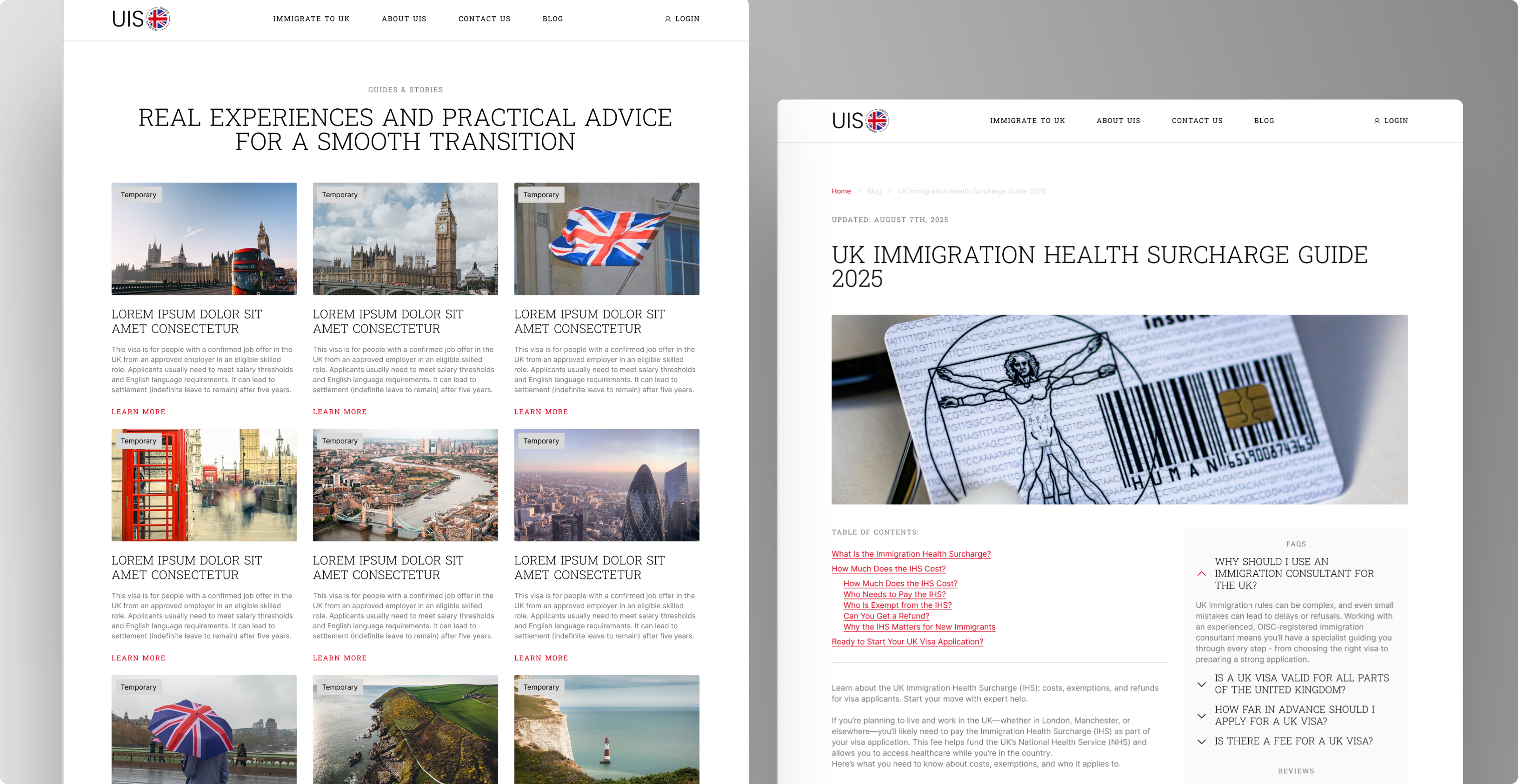 UIS UK website shown across desktop, tablet, and mobile screens, including the homepage and blog