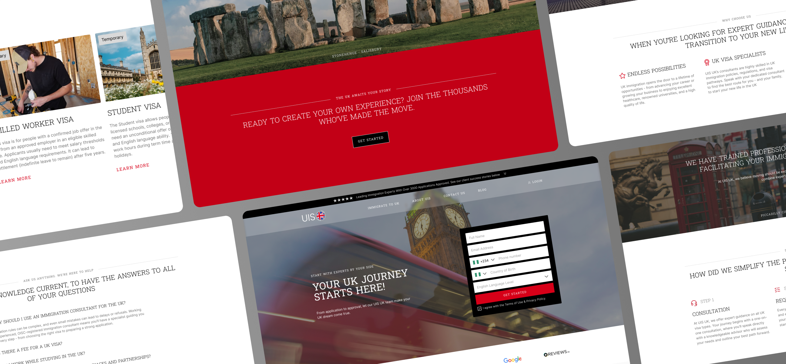 UIS UK website homepage and footer featuring a lead-generation form, trust indicators, and immigration services