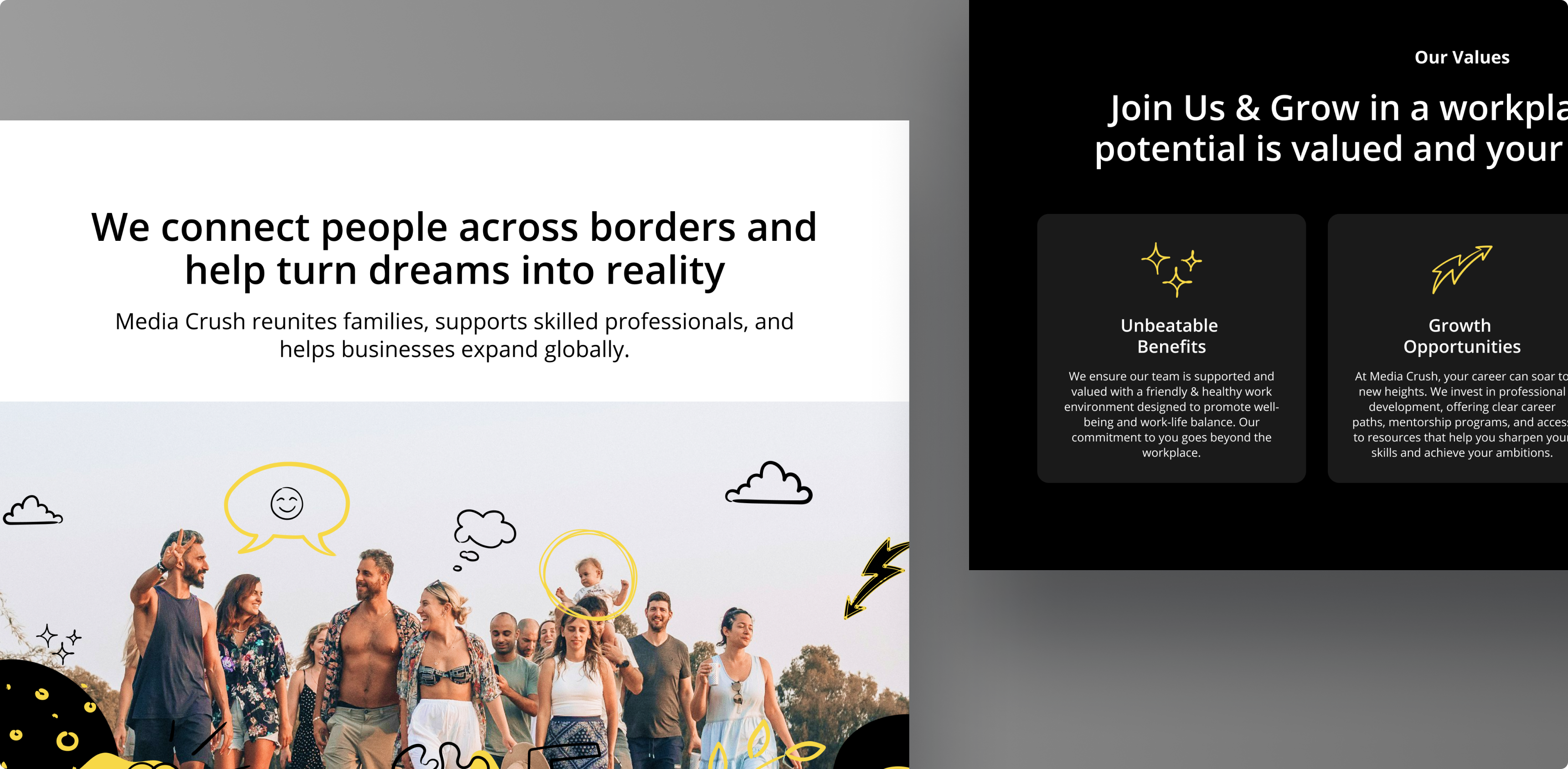 Media Crush website sections highlighting its global mission and core company values