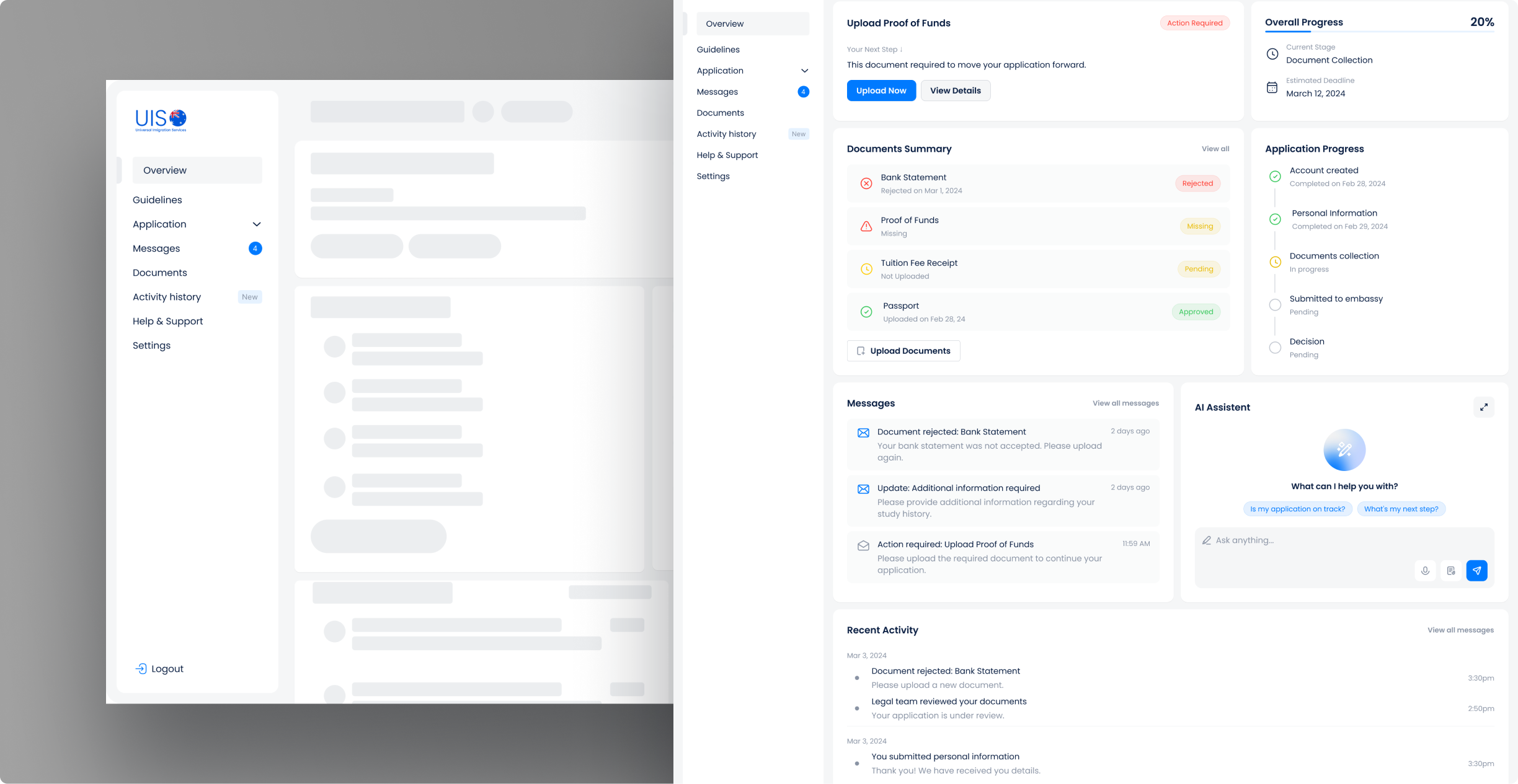 Two screens shoing skeleton state (page load) and main dashboard blocks