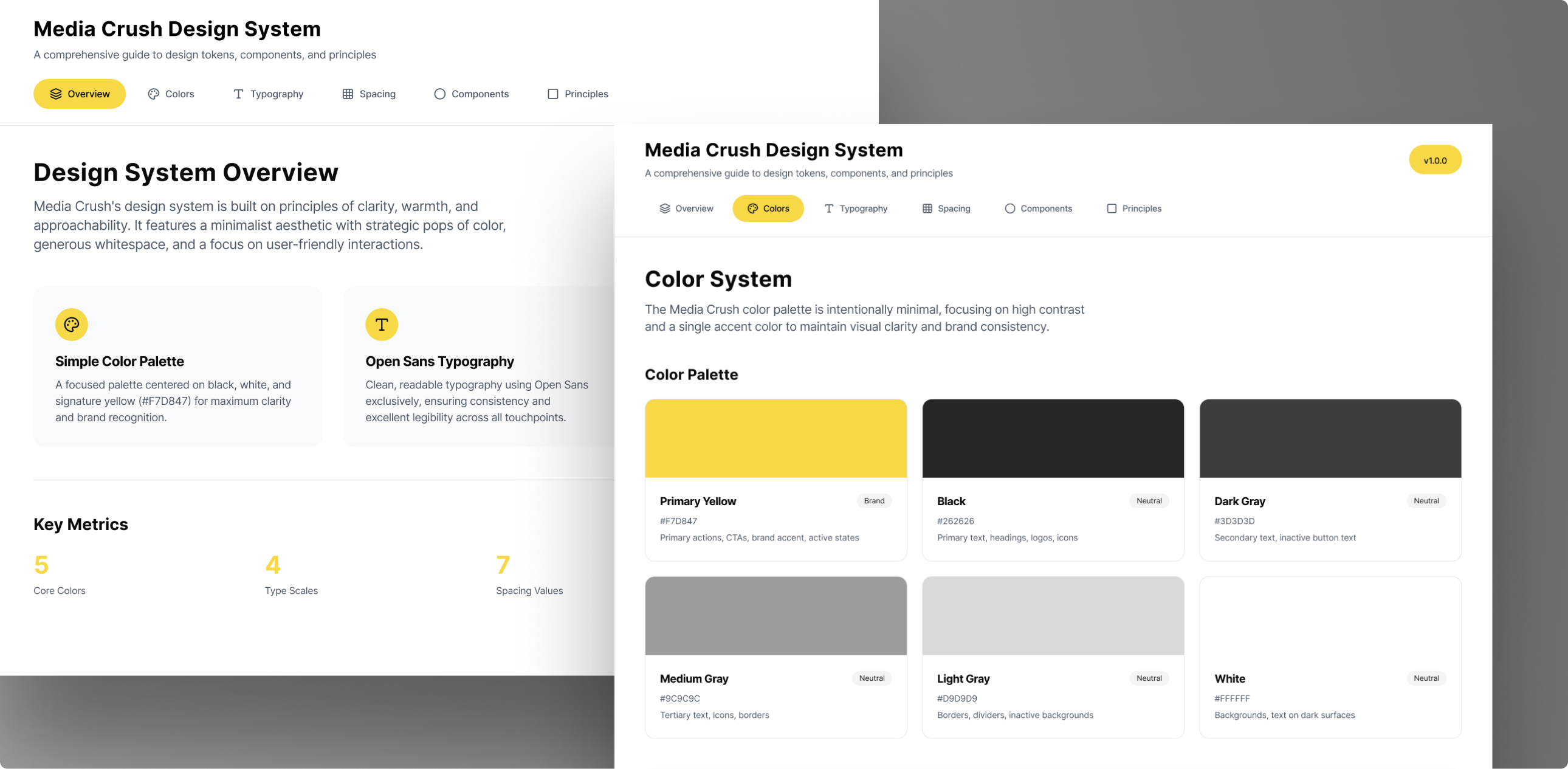 Two screens showing Media Crush websitedesign system