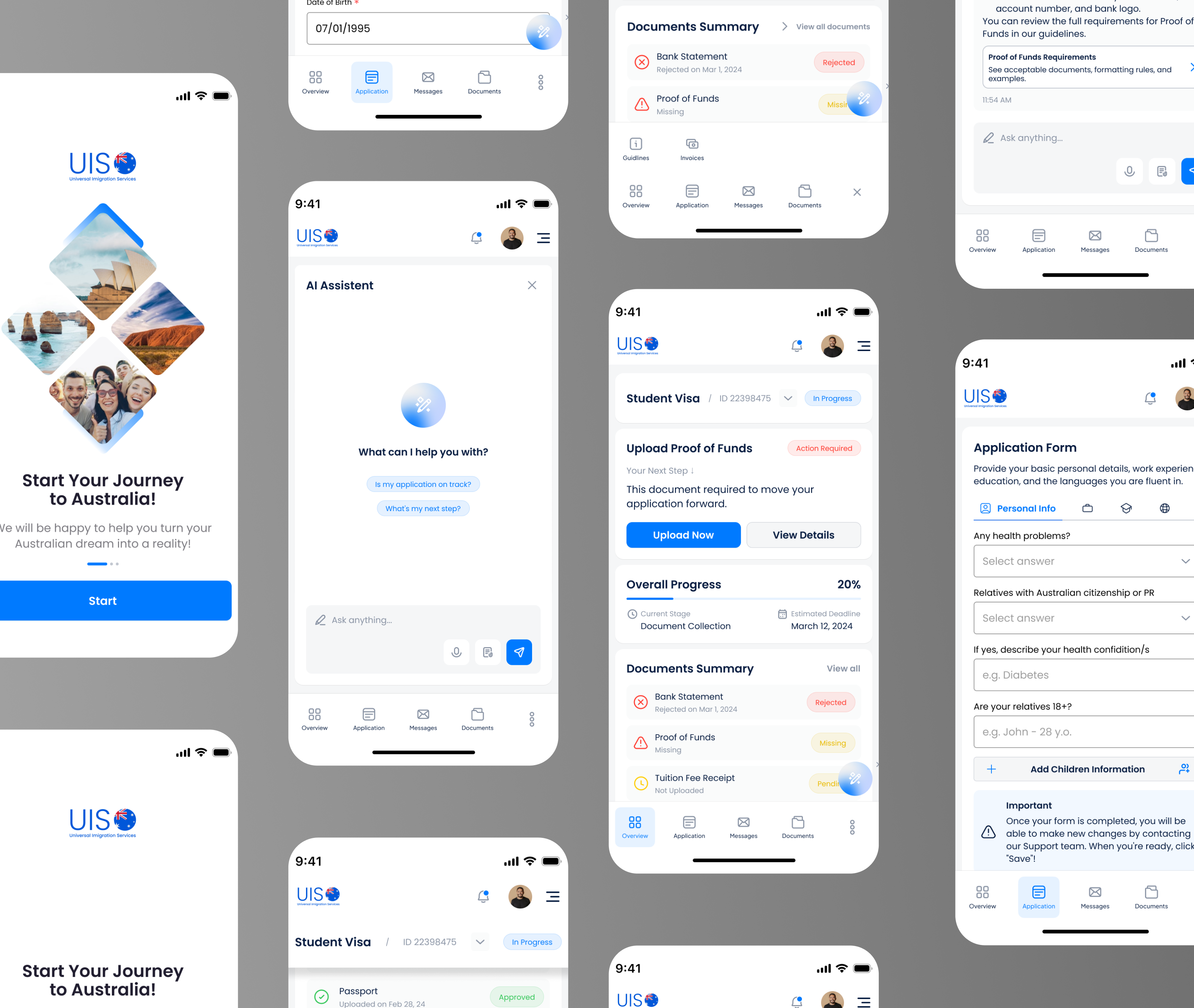 Grid of mobile screens of the app