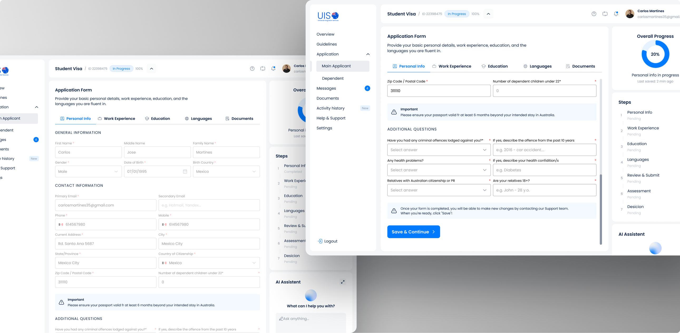 Two screens of application form view in default and locked states