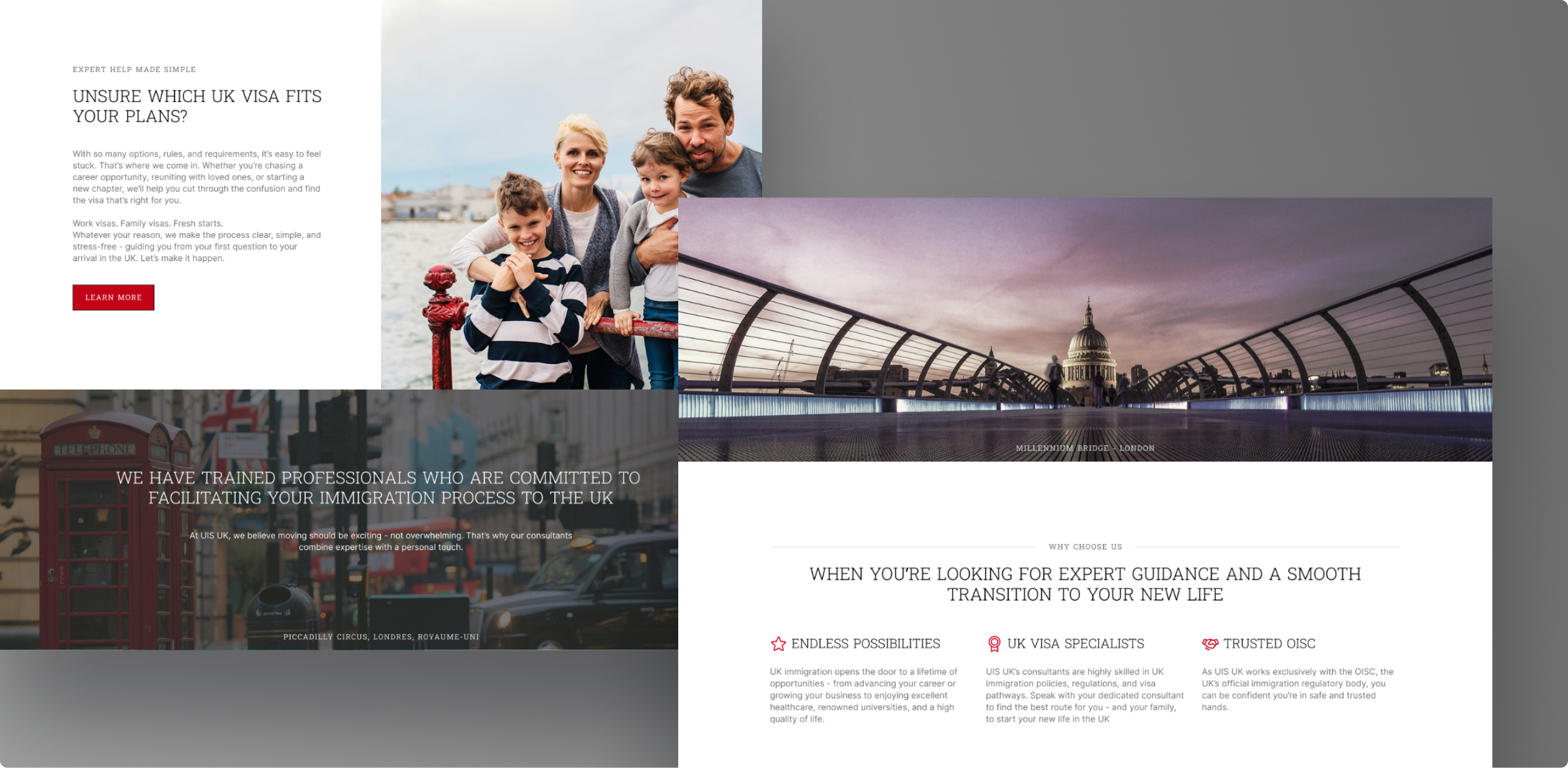 IS UK website sections explaining visa options, immigration support, and service benefits.