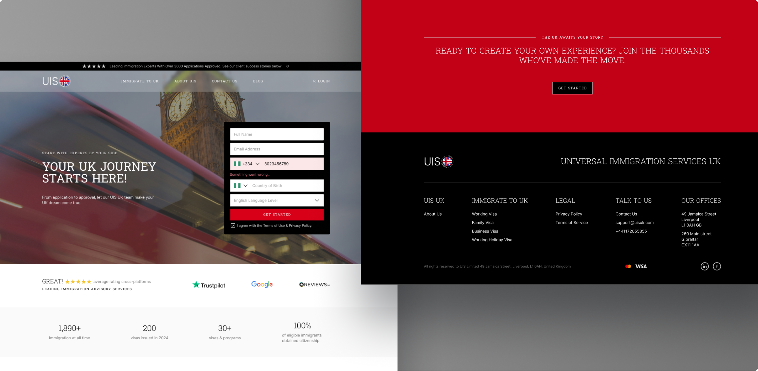 UIS UK website homepage and footer featuring a lead-generation form, trust indicators, and immigration services