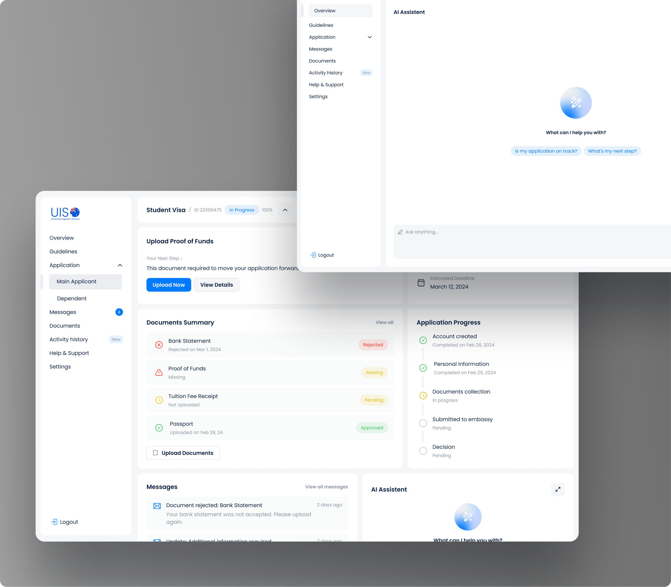 Two screens of main dashboard and ai chat bot 
