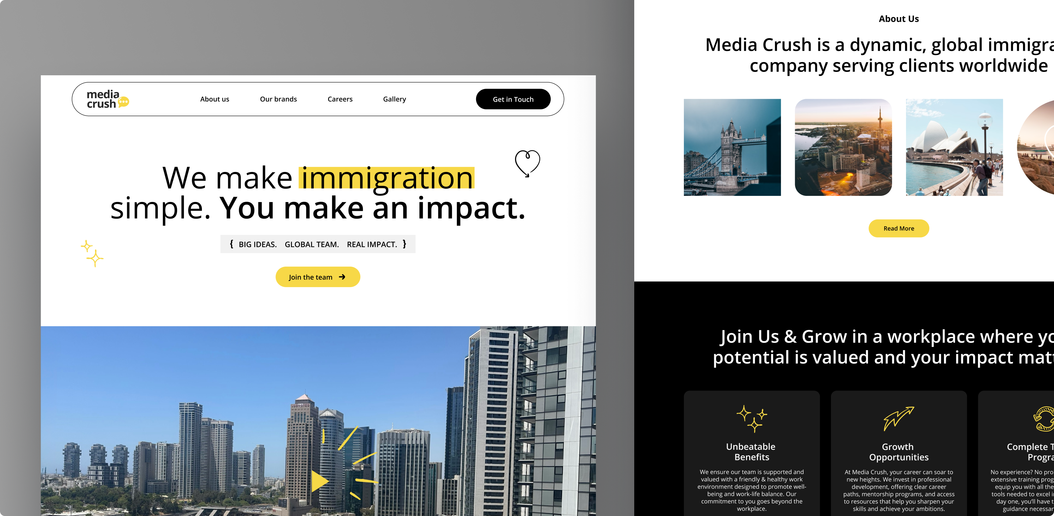 Media Crush careers website showcasing the homepage, global presence, and about company.