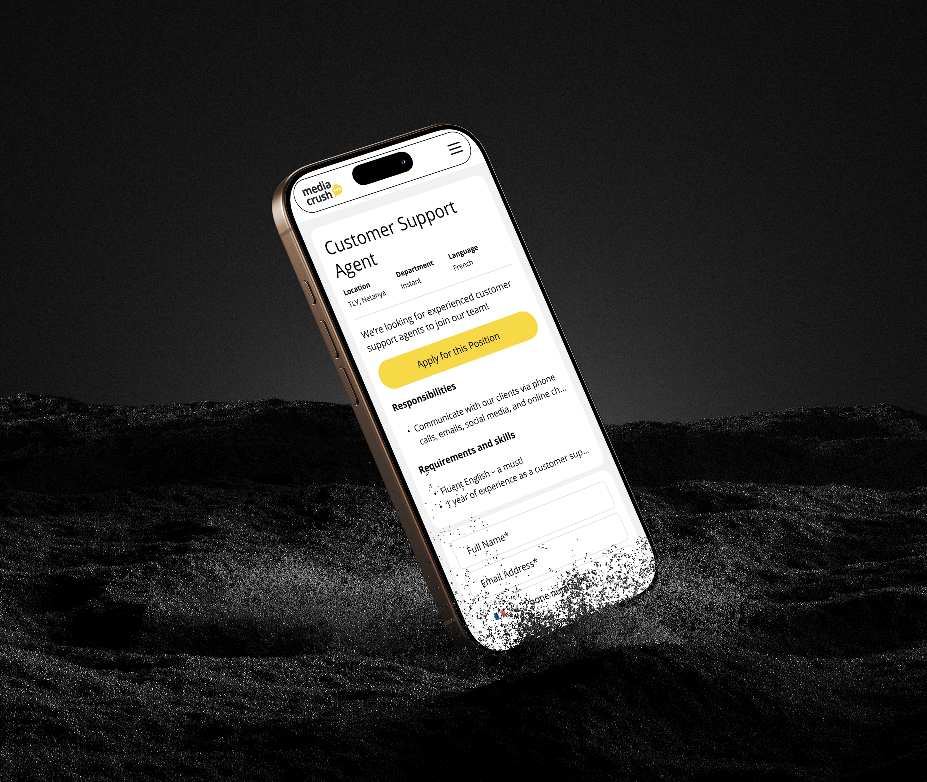 Mobile mockup ofpplication form on Media Crush website
